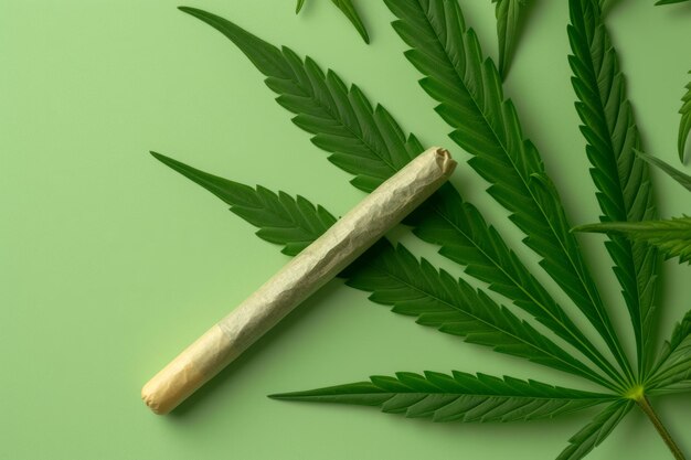 Overhead view of a cannabis joint with a marijuana leaf