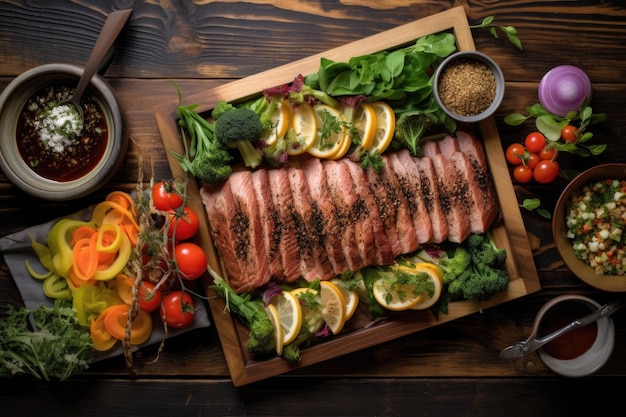 Overhead view of cedar plank grilling tuna with garnishes created with generative ai