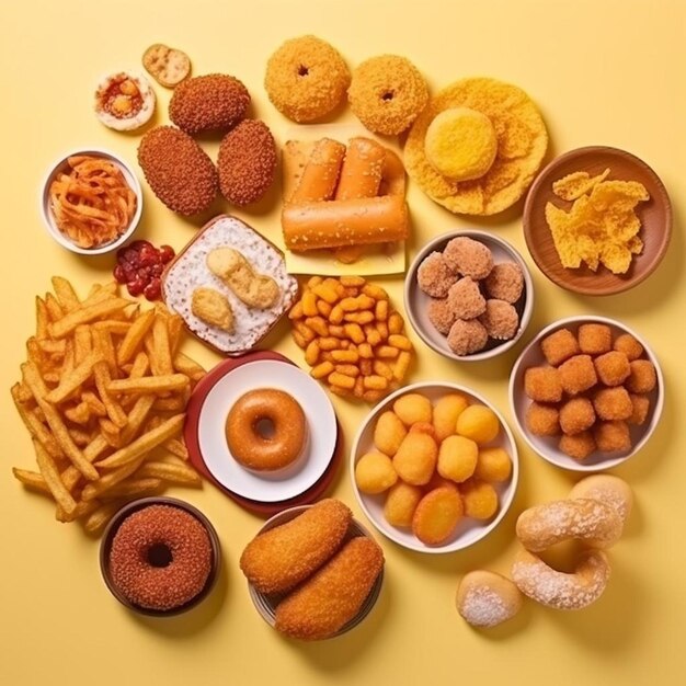 overhead view of chicken nuggets and deeps junk food on light surface