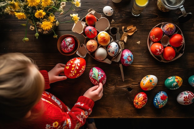 Overhead view on Childs hand with Easter eggs on old wooden table