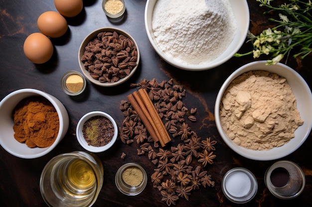 Photo an overhead view of chocolate dough with ingredients on kitchen counter