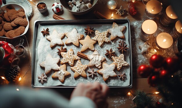 Overhead view of christmas star shaped cookies being prepared in a festive kitchen