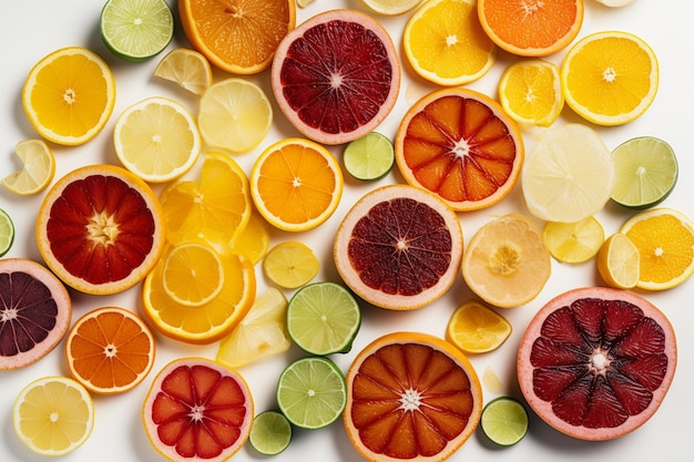 An overhead view of citrus fruit slices on white backdrop