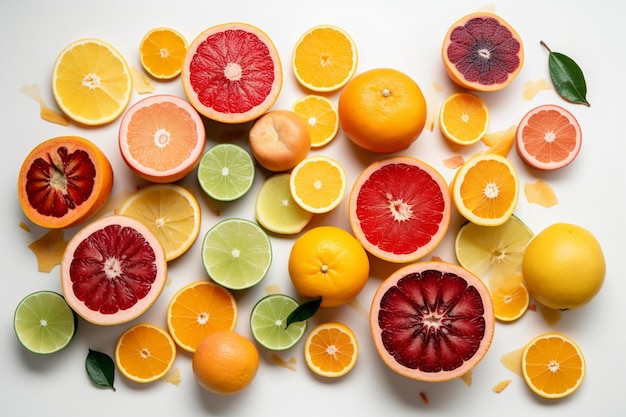 An overhead view of citrus fruit slices on white backdrop