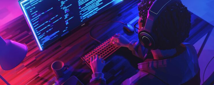 Photo overhead view of coder working at a computer desk with multiple screens displaying code illuminated