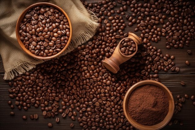 Overhead view of coffee beans on a wooden table created with generative ai