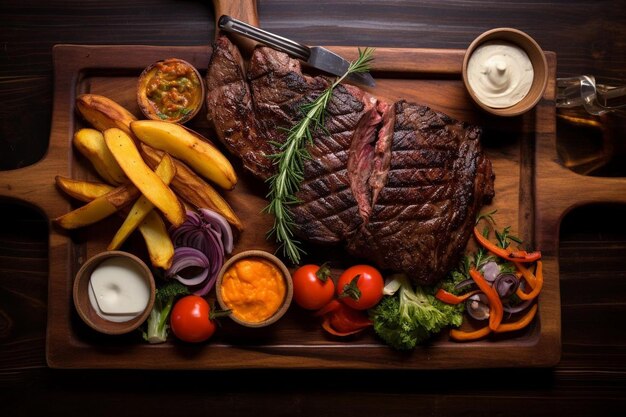 Overhead view of colorful roast vegetables savory sauces and salt served with grilled t bone steak