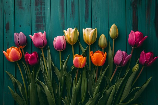 Photo an overhead view of colorful tulips on wooden plant surface backdrop