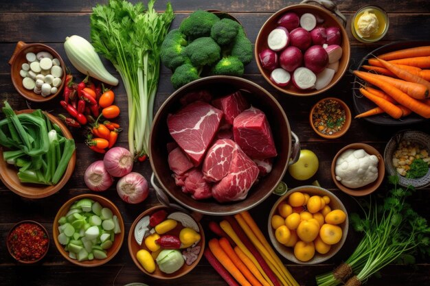 Overhead view of colorful vegetables and meat prepared for stew created with generative ai