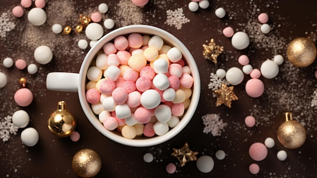 Overhead view of a cup filled with miniature marshmallow