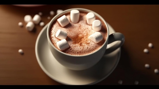 Overhead view of cup of hot chocolate with marshmallows Generative AI