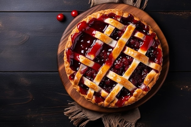 Overhead view of delicious jam pie on brown board on ice table with free space