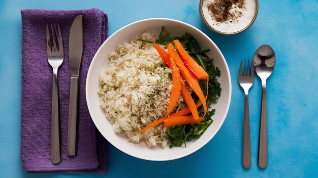 Photo overhead view of delicious rice meal with pisum carrot on purple towel and cutlery set on blue back