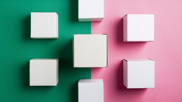 Overhead view of different white boxes on green and pink paper backdrop