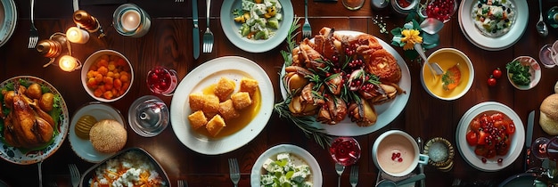 Overhead view of a diverse feast on a dining table Gathering and hospitality