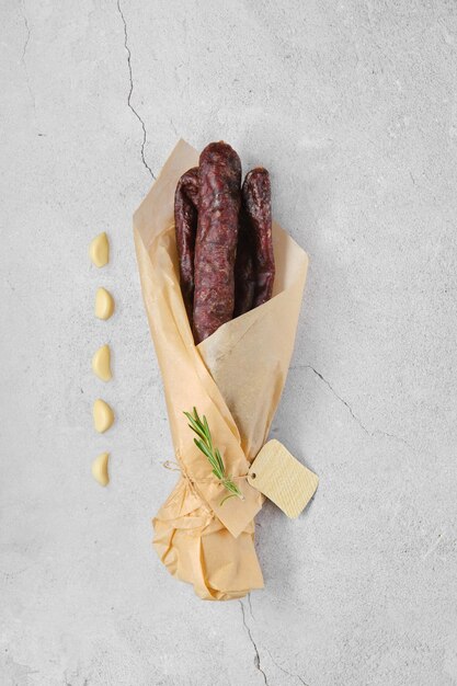 Overhead view of dried sausage made of venison meat