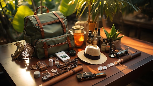 Overhead View of Essential Traveler's Accessories for Vacation