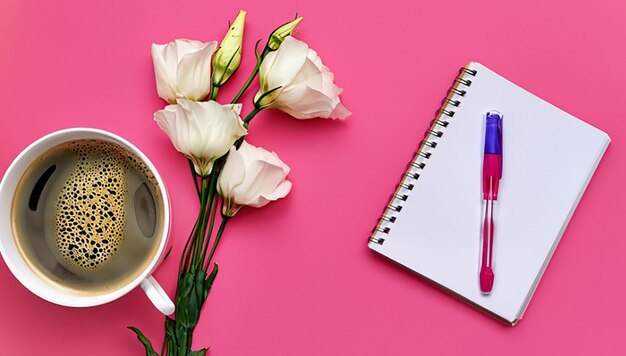 An overhead view of eustoma flowers with diary card pen and coffee cup on pink background copy space