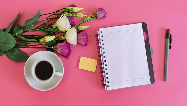 An overhead view of eustoma flowers with diary card pen and coffee cup on pink background copy space