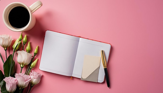 An overhead view of eustoma flowers with diary card pen and coffee cup on pink background copy space