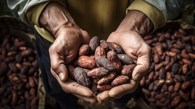 Overhead view of a farmer holding a handful of fresh nuts