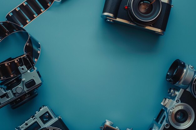 Photo an overhead view of film strips film reel and various type of camcorder on blue background