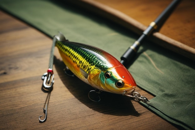 An overhead view of fishing lure with fishing rod on desk ar c