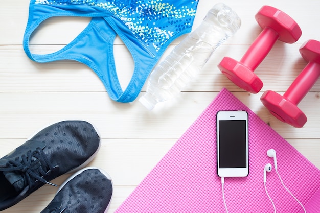 Overhead view of Fitness items for woman