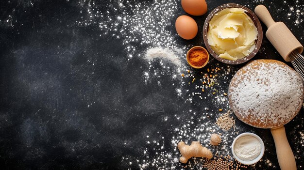 Foto una vista dall'alto di un piatto con un mattarello per cappello da panettiere e ingredienti che rappresentano e