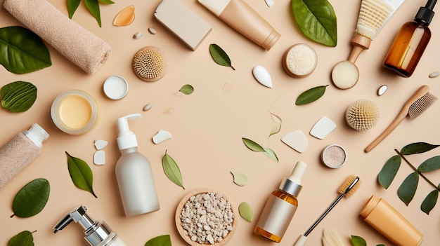 An overhead view of a flat lay featuring a collection of skincare products and beauty tools promoti