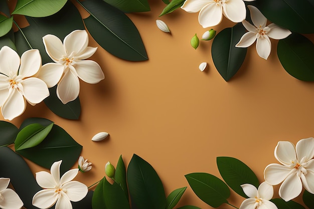 An overhead view of flowers and leaves on a brown background generative AI
