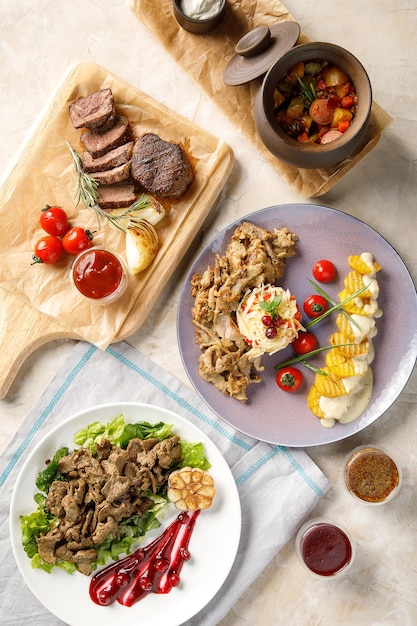 Overhead view of food on light grey concrete background