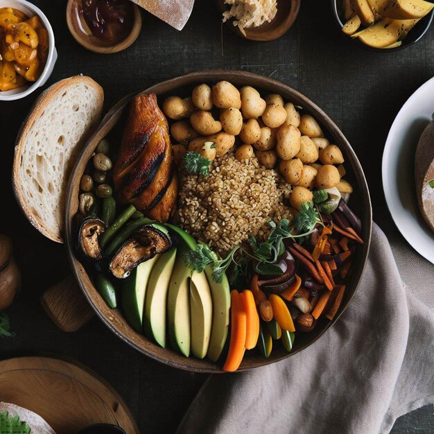 Photo overhead view of food served in bowl on table