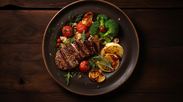 Overhead view of food served in plate on wooden table