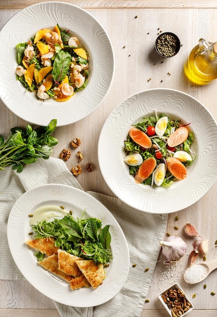 Overhead view of food on wooden table