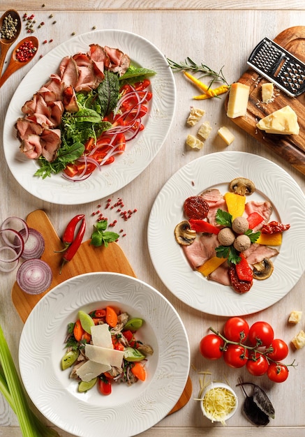 Overhead view of food on wooden table