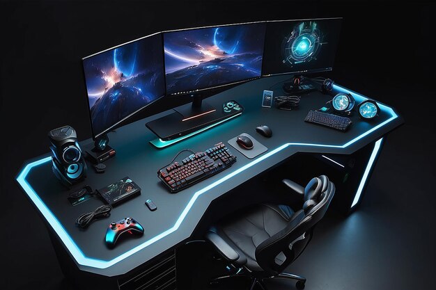 Photo overhead view of gaming desk with mousepads and accessories