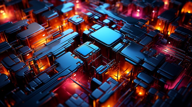 Overhead View Of A Geometric Neon Microchip