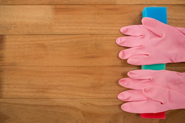 Overhead view gloves on soap bars at table