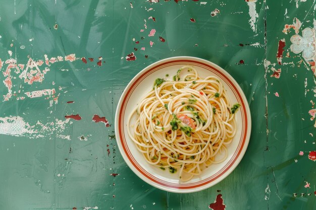 An overhead view of a gourmet italian dish a round plate of al dente spaghetti with vibrant green