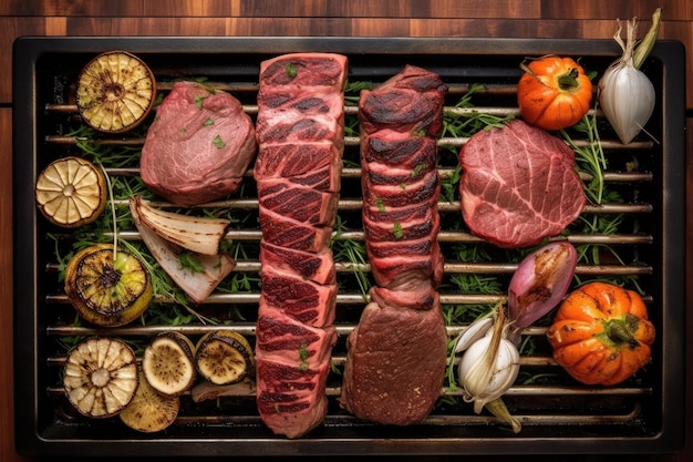 Overhead view of a grill filled with various cuts of steak created with generative ai