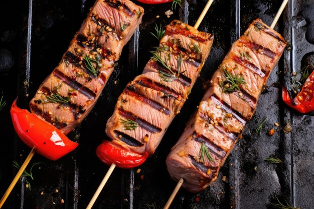 Overhead view of grilled tuna steaks on a skewer