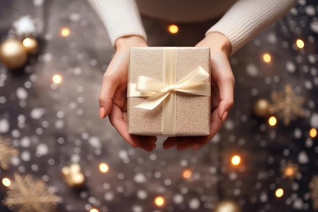 overhead view of hand holding a luxury gift box with bow against a christmas background