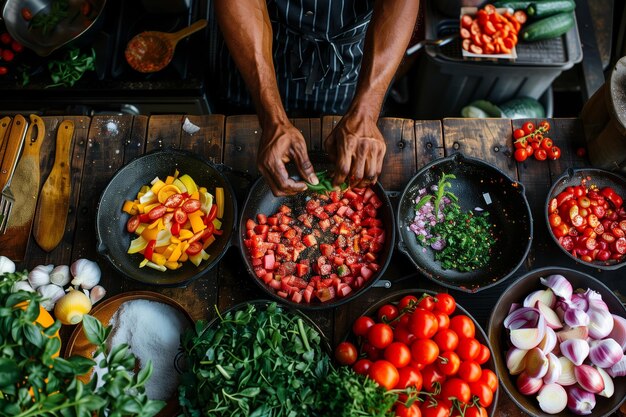 Photo overhead view of hands chopping colorful bell peppers and tomatoes preparing ingredients for a fresh