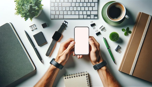 Overhead view of hands holding a smartphone above a neatly organized desk with office supplies keyboard and a fresh cup of coffee