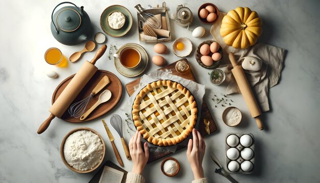 Overhead view of hands in oven mitts holding a baked pumpkin pie surrounded by ingredients and uten