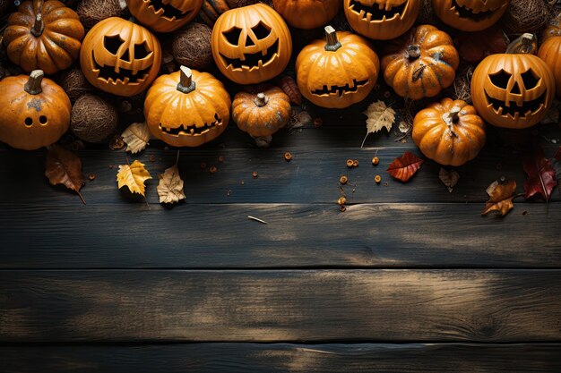 Overhead view of happy halloween smashing pampkins on wooden table