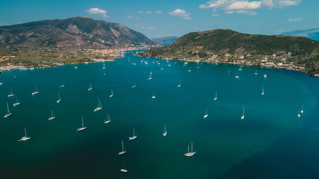 Overhead view of harbor with yachts and boats at Lefkada island