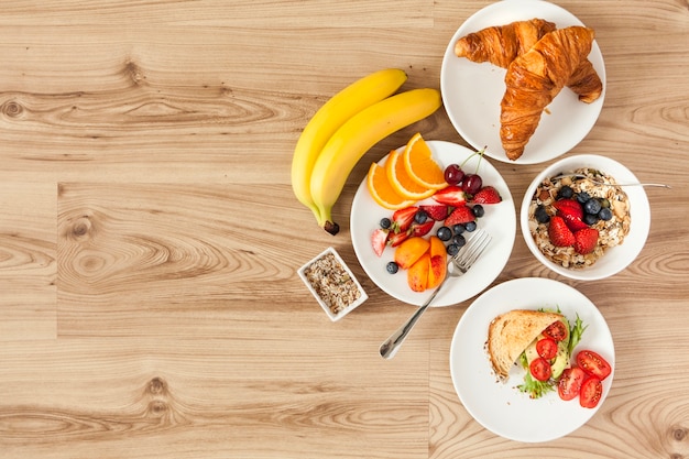 Overhead view of healthy breakfast ingredients