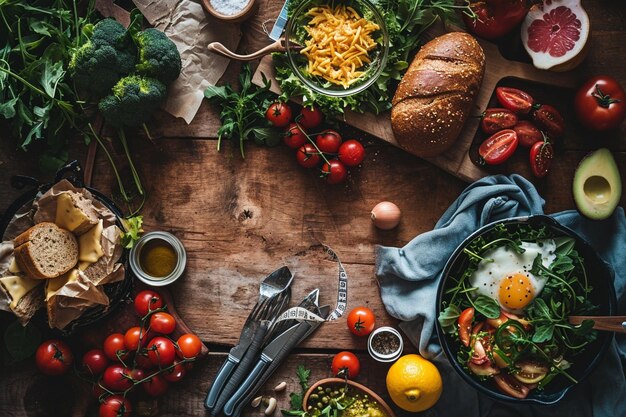 Foto vista dall'alto di alimenti sani e malsani con nastro di misurazione sullo sfondo